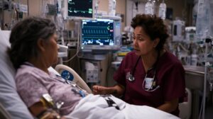 doctor taling with patient in hospital bed