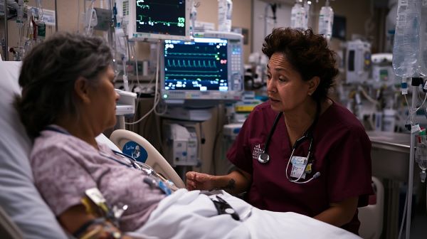 doctor taling with patient in hospital bed