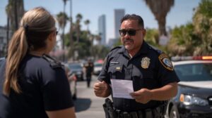 police officer giving a ticket to an individual